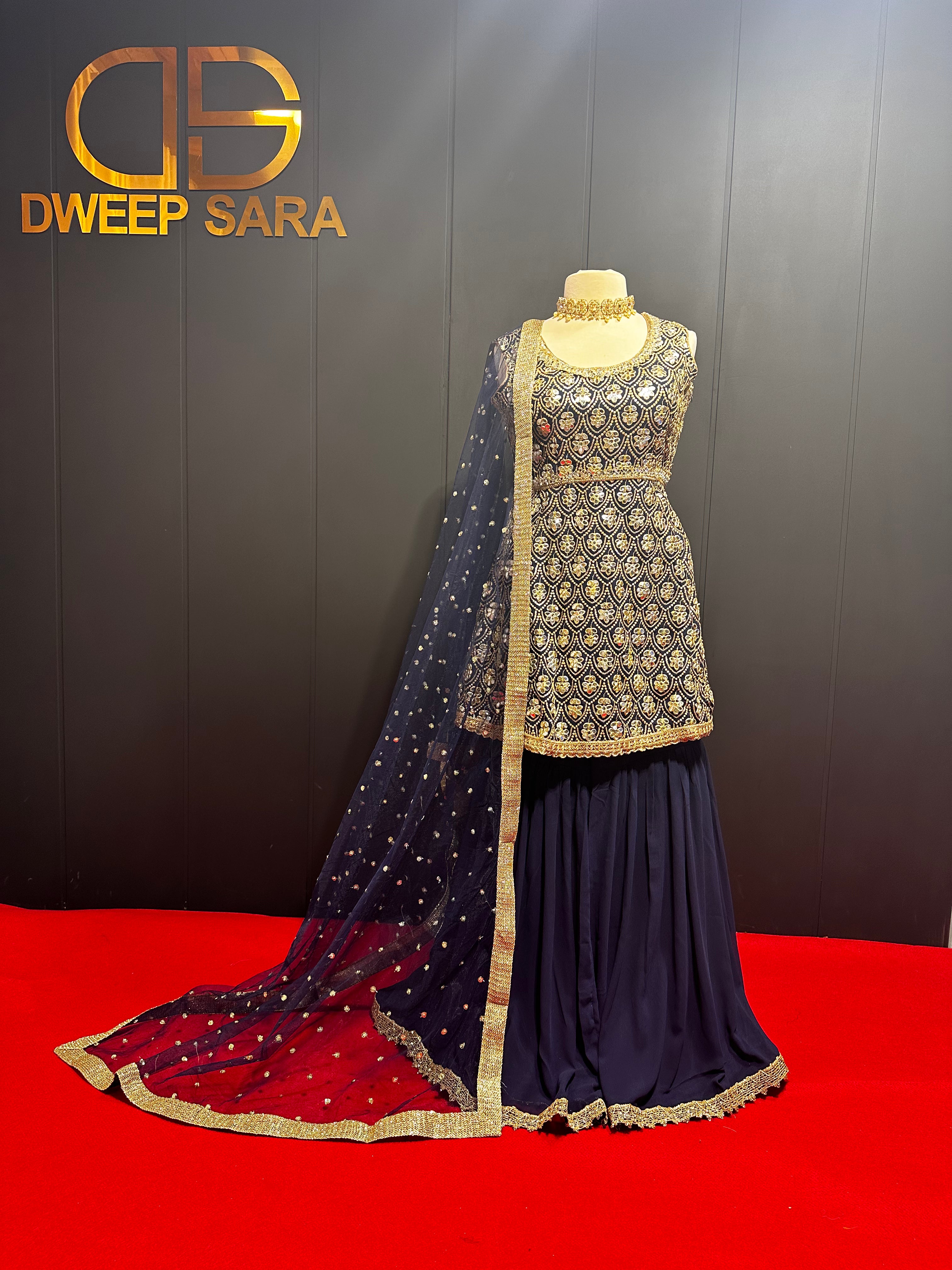 Navy Blue Heavy Embroidered Mirror Work Sharara set