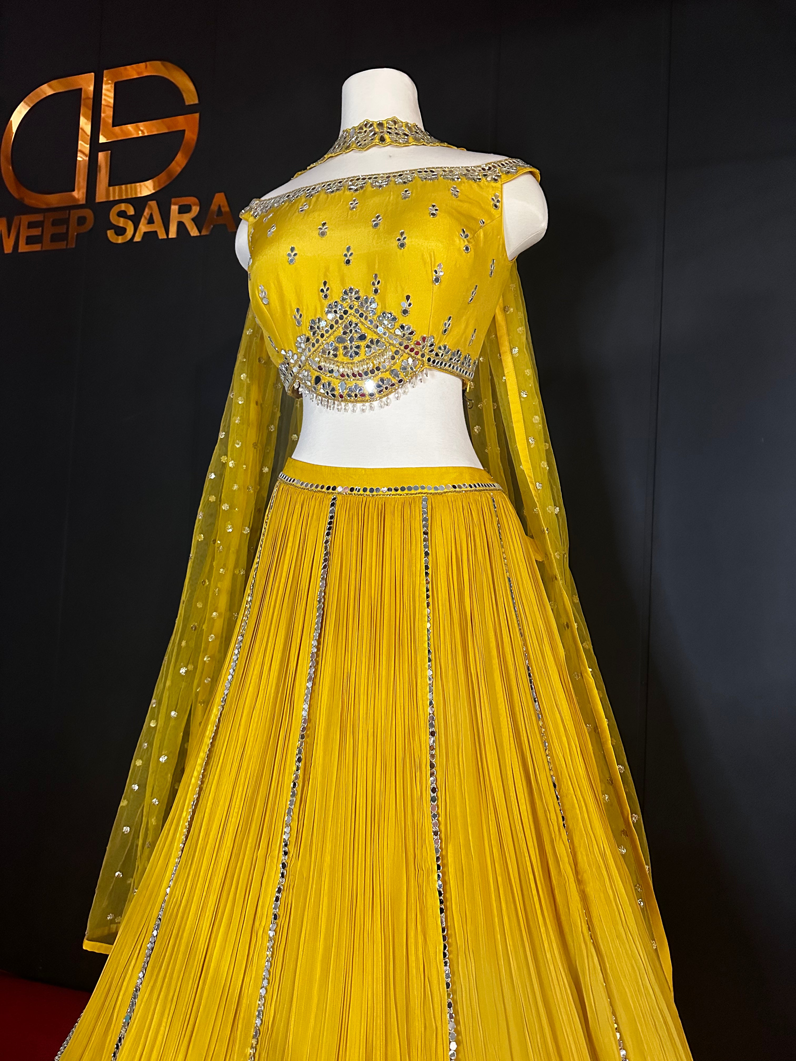 Yellow Mirror Work Off Shoulder Lehenga Set