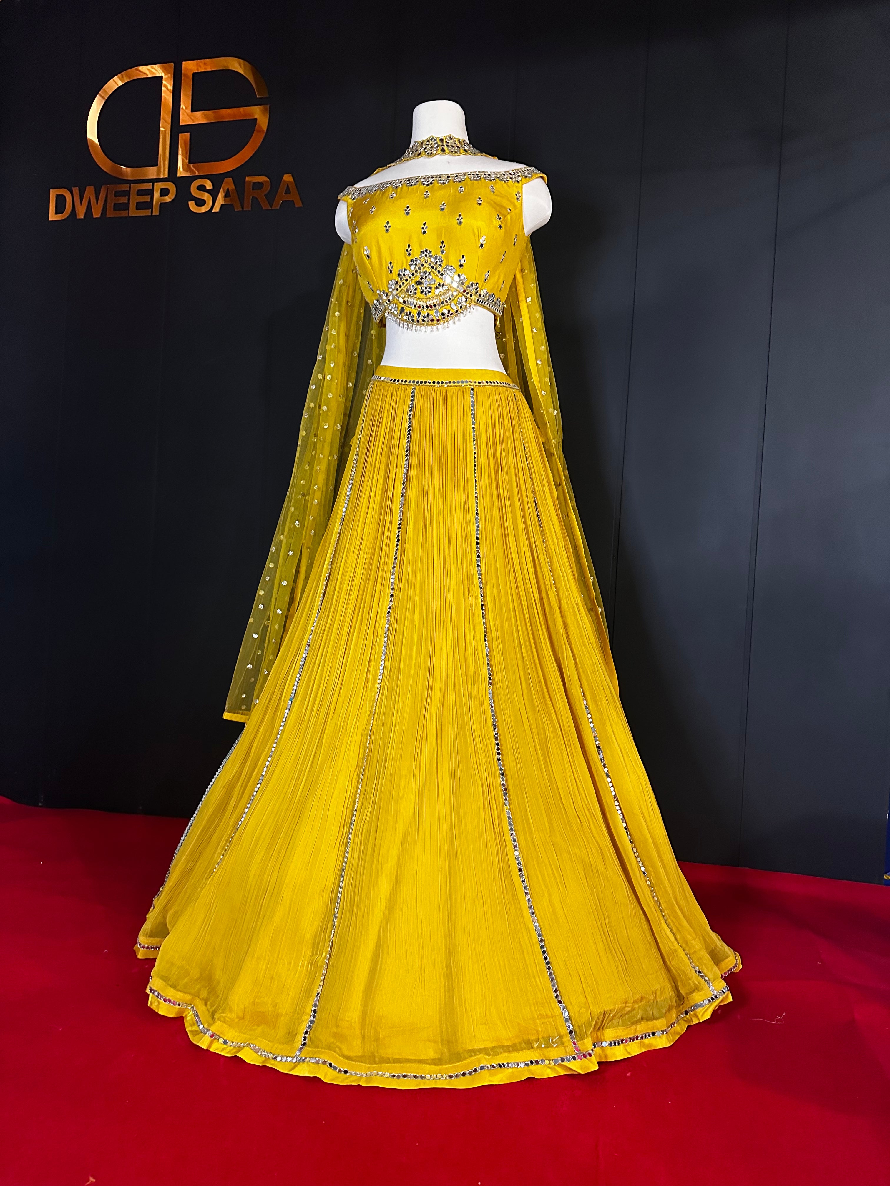 Yellow Mirror Work Off Shoulder Lehenga Set