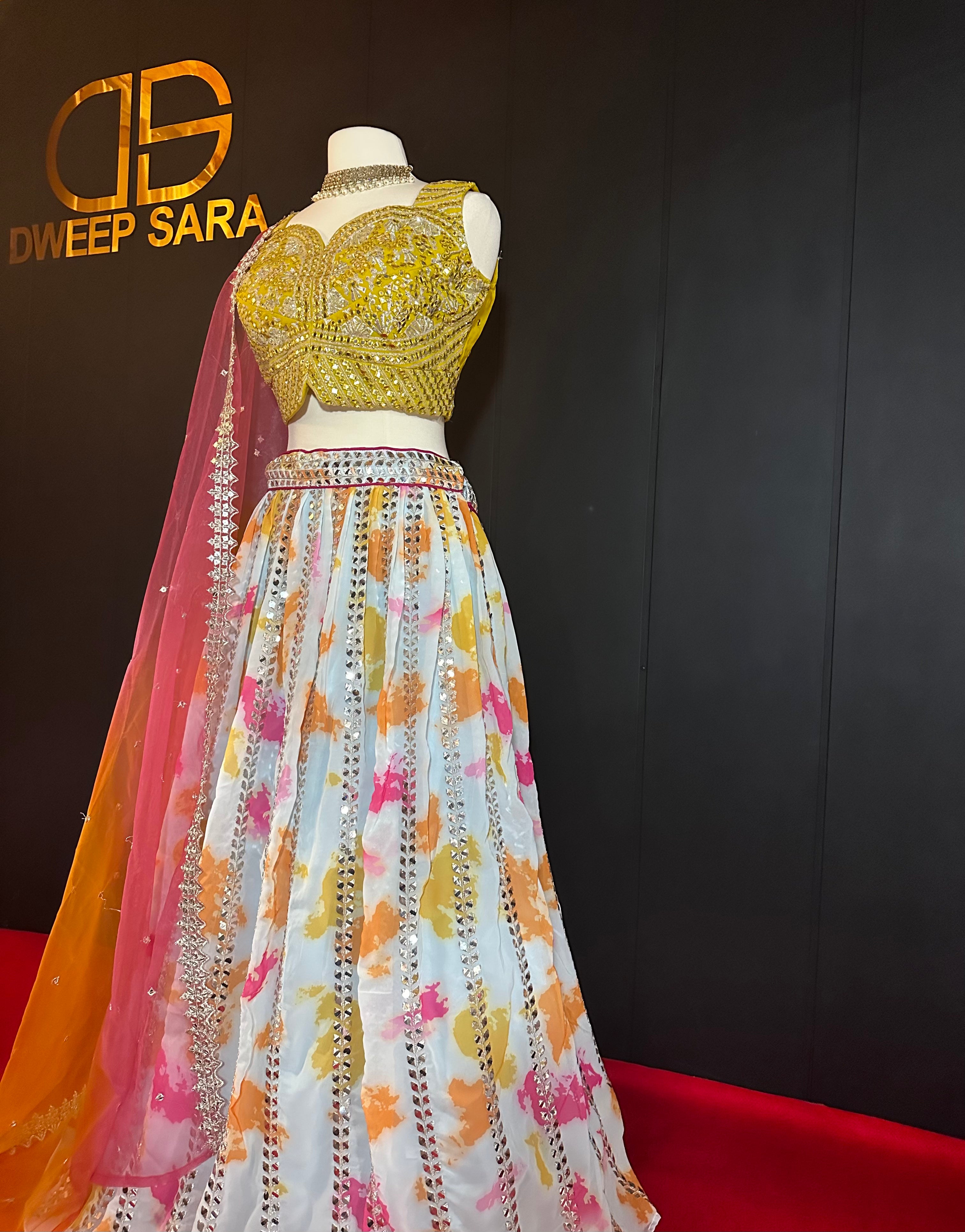 Yellow Pink Tie & Die Mirror Stone & Thread Work Lehenga