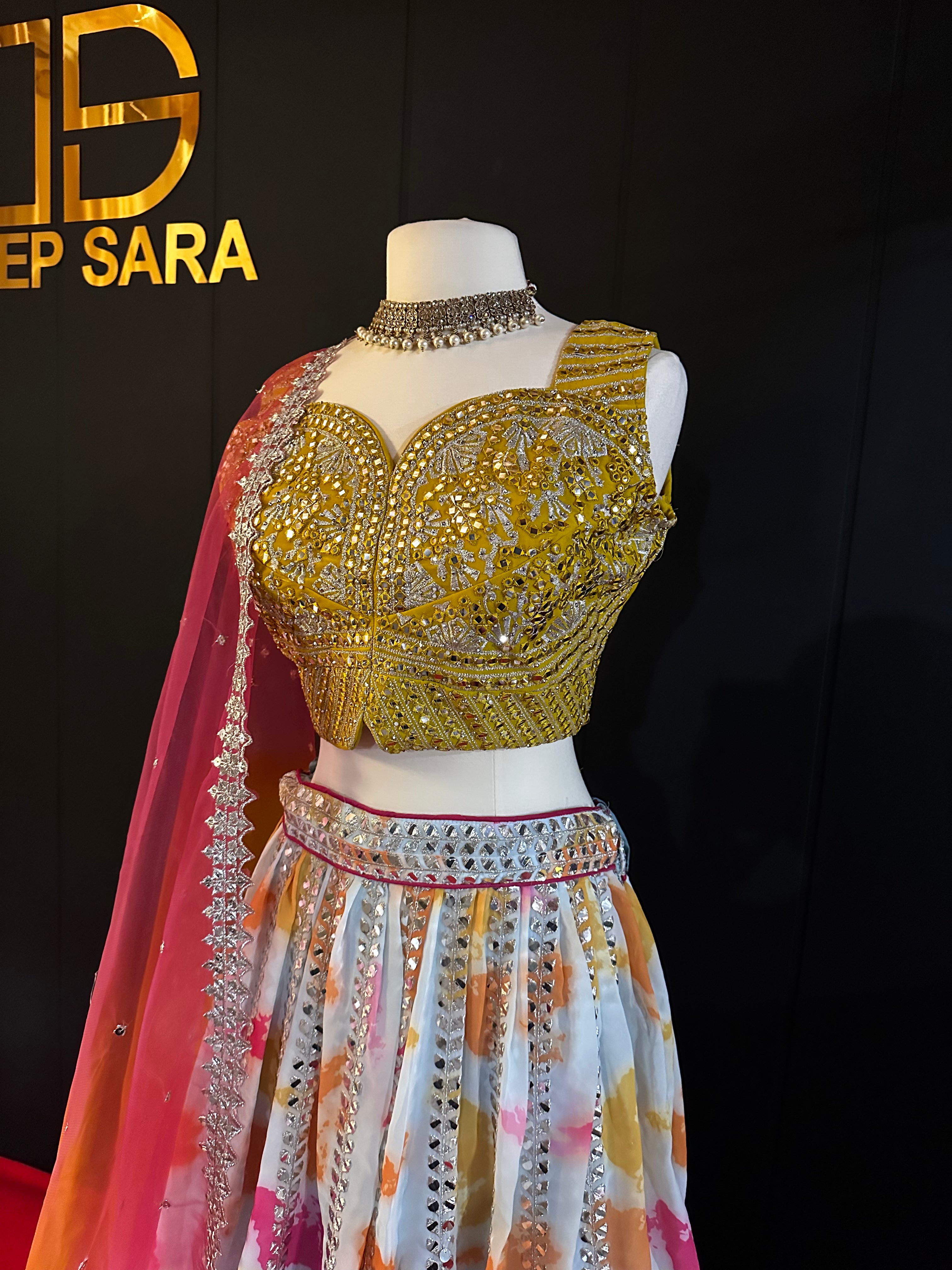 Yellow Pink Tie & Die Mirror Stone & Thread Work Lehenga