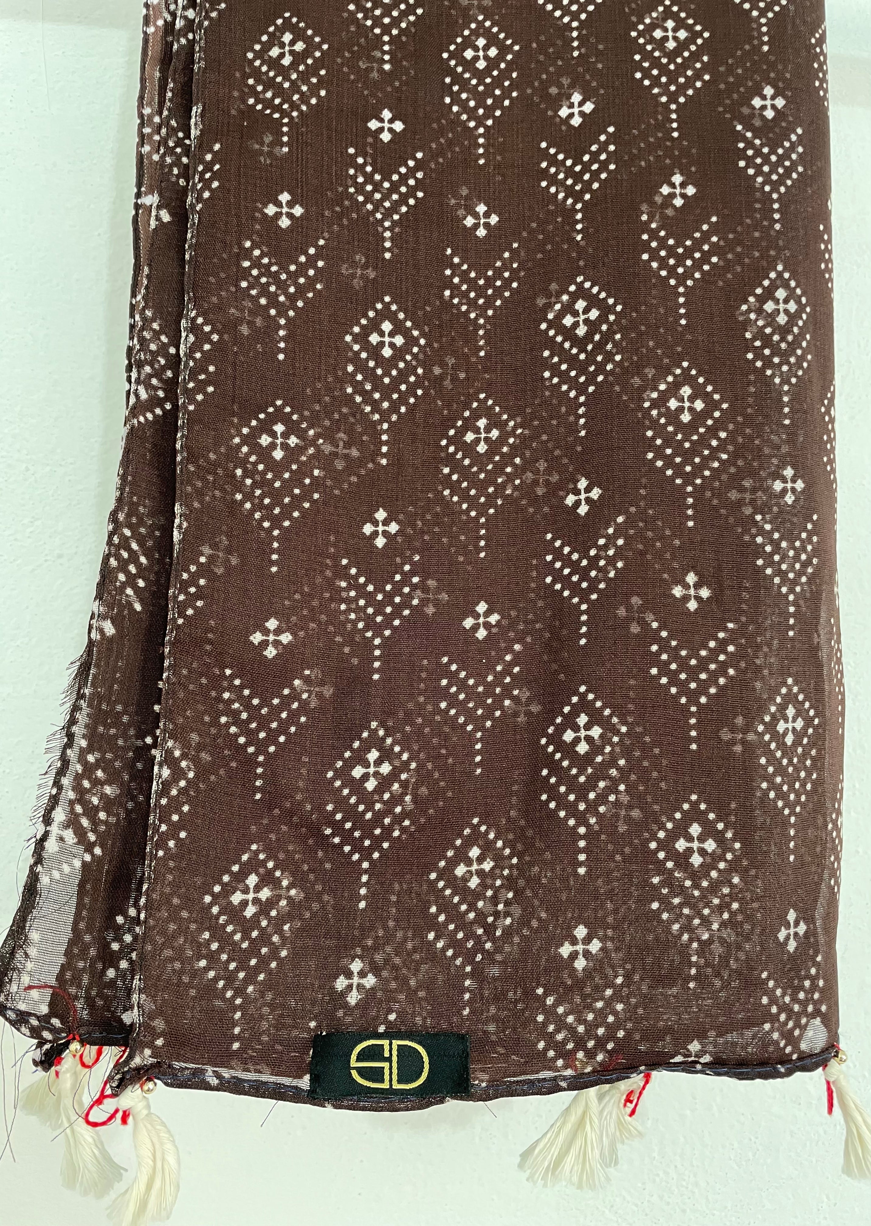 Brown Print Scarf with Tassels